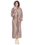Women Hooded Plush Soft Robe | Fluffy Warm Fleece Sherpa Shaggy Bathrobe (S/M, Taupe)